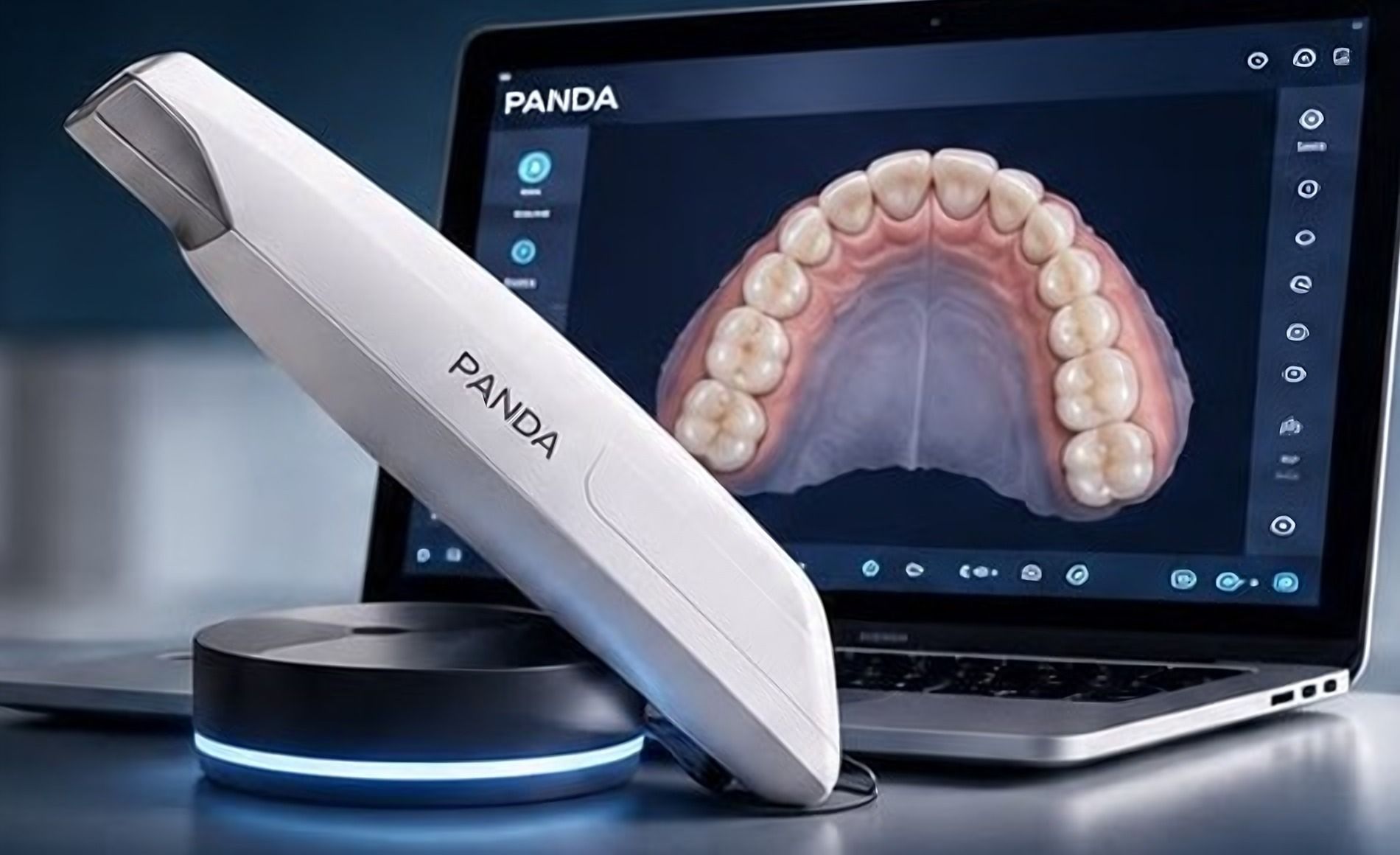 Escáner intraoral PANDA junto a una laptop con un modelo digital